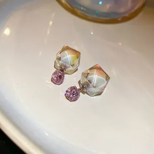 Dual-sided cubic zircon stud earrings with colorful crystal cubes and pink beads
