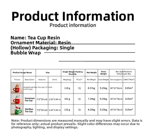 Detailed size specifications for gingerbread man, snowman, and santa teacup resin ornaments