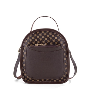 Classic brown mini backpack with geometric floral patterns and gold accents on white background