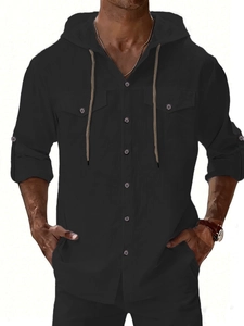 Chemise à capuche homme noire en lin avec patte de boutonnage et cordon de serrage