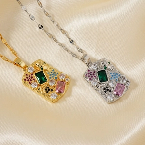 Smaragd Zirkon Rechteck Anhänger Halskette Bunte Multi Stein Edelstahlkette Retro Luxus Schmuck Für Frauen