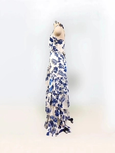 Bohemian floral halter tiered maxi dress with blue print on white chiffon fabric
