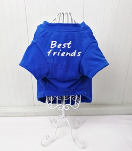Detail of navy cotton dog t-shirt with 'Best friends' print on a white hanger