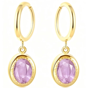 Retro gold oval hoop earrings with purple zircon gemstones for women on white background