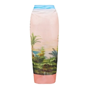 Detail of tropical palm tree print long sarong wrap skirt with blue waistband and pink tones
