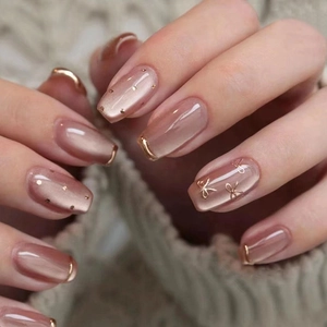 Faux Ongles Press On Cat Eye Forme Ballerine Longue ABS Design Nœud Doré Style Français Élégant Doux Pour Femmes
