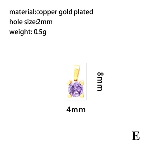 Detail view of 18K gold plated copper pendant with purple zircon and technical dimensions