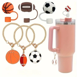 Sports theme silicone straw covers and gold metal charms set for Stanley cup accessory
