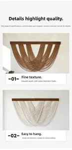 Detail of bohemian hand-woven wall hanging with cotton rope and solid wood rod