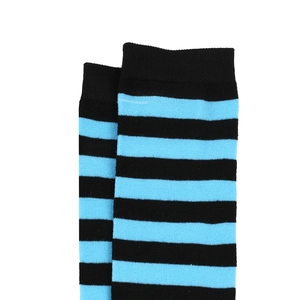 Detailed knit texture of blue and black striped over-the-knee socks with ribbed cuffs