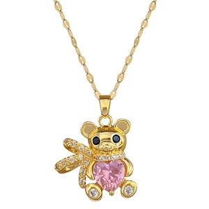 Titanium steel necklace with crystal-encrusted teddy bear pendant and pink heart stone