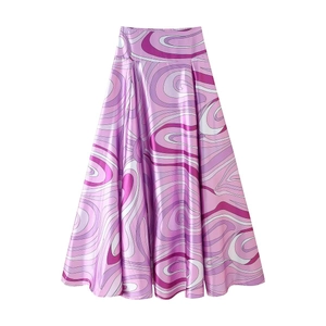 Eleganter lila Satin-Maxirock mit abstraktem Wellenprint und hoher Taille in A-Linie-Form