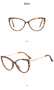 Macro detail of TR90 cat-eye glasses frames with demi-tortoise shell and metal temples