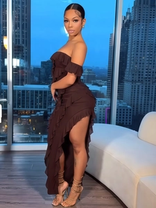 Elegant brown off-shoulder ruffle dress with tiered design and side slit for party wear