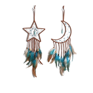 Star and moon dream catcher wall decor with blue feathers and turquoise beads on white background