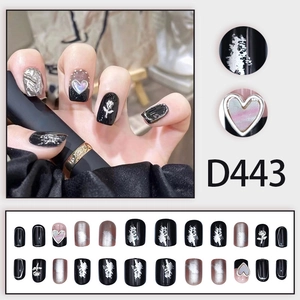 Faux ongles noirs avec roses argentées et breloques cœur 3D, lot de 24 pièces