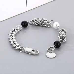 Titanium steel chain bracelet with pearls and circular charm in hip-hop style
