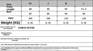 Detailed size chart for polyester two-piece set including bust and length measurements