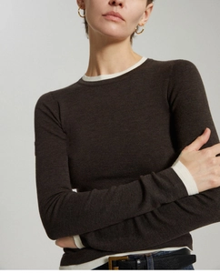 Detail view of contrast knit sweater cuffs and collar with premium wool texture