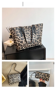 Three-piece leopard print bag set including a large tote, crossbody, and small pouch