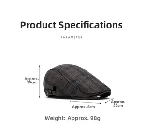Detailed dimension chart for wool blend vintage plaid flat cap showing 98g weight and 10cm height