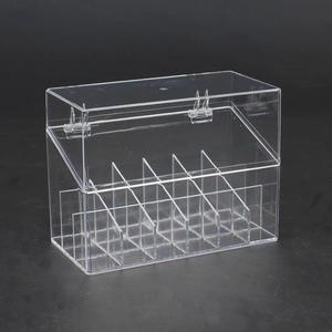 Macro view of clear acrylic lipstick organizer with multi-grid compartments and hinged lid
