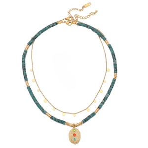 Bohemian double-layer necklace with turquoise stone beads and colorful gemstone pendant