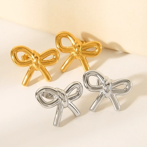 Minimalist 18k gold and silver stainless steel bow knot stud earrings for women