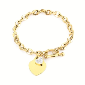 Gold stainless steel link bracelet with toggle clasp and double heart charms