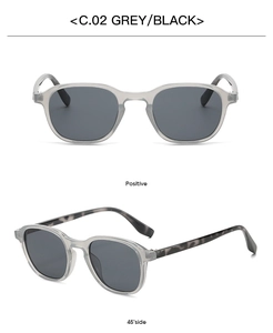 Front and 45-degree side view of transparent grey sunglasses with leopard print temples