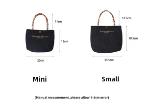 Size guide for mini and small denim bento bags with embroidered details and woven handles