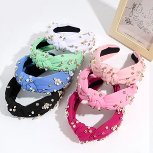 Retro wide knotted headband set with pearls, flowers and crystals in macaron colors