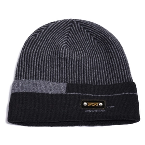 Men's winter knit beanie hat with grey stripes and sport logo label for outdoors