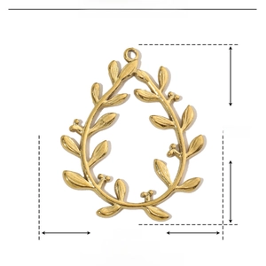 Detailed view of golden leaf wreath stainless steel pendant with 28mm by 23mm dimensions