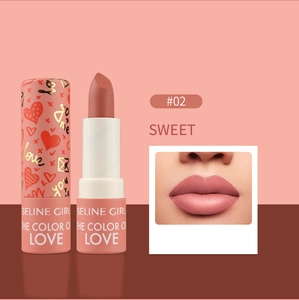 Detail of matte velvet lipstick in shade #02 Sweet with heart patterned tube design