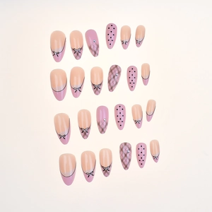 24er-Set rosa französische Kunstnägel mit süßen schwarzen Schleifen und Strass