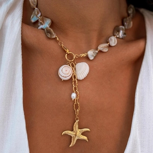 Starfish Pendant Necklace Natural Shell Artificial Baroque Pearl Stainless Steel Gold Plated Ocean Sea Element Beach Jewelry
