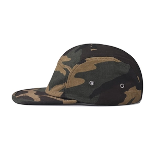 Classic woodland camouflage five-panel camper hat with flat brim and metal side eyelets