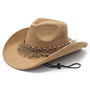Classic camel faux suede western cowboy hat with brown braided band and tassel fringe