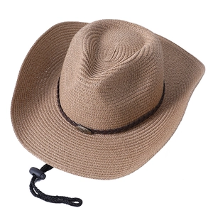 Chapeau de cowboy en paille tressée kaki avec bande en cuir et emblème de rhinocéros