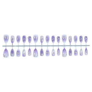Y2K purple gradient press-on nails with 3D silver bow and star metallic embossed designs