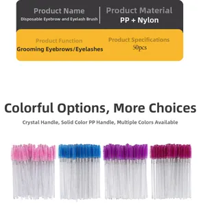 Close-up of disposable crystal handle mascara wands in pink blue and purple