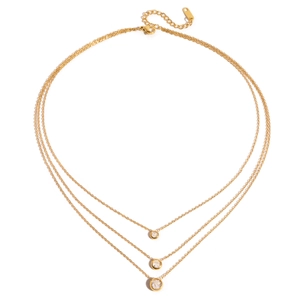 Three-layer gold stainless steel necklace featuring graduated circular zircon pendants