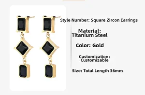 Detail view of 36mm gold titanium steel drop earrings with black geometric zircons