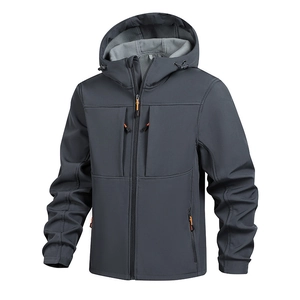 Outdoor herenjas met capuchon in donkergrijs met oranje rits en warme fleece voering