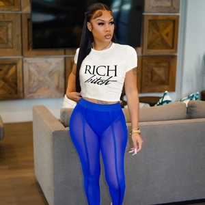 Crop Top Sexy Da Donna Stampa Lettere Rich Bitch Bianco Misto Cotone CVC Manica Corta Streetwear