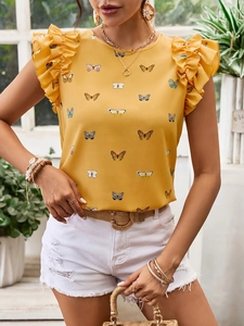 Yellow ruffle sleeveless top with butterfly print and round neck for women casual summer