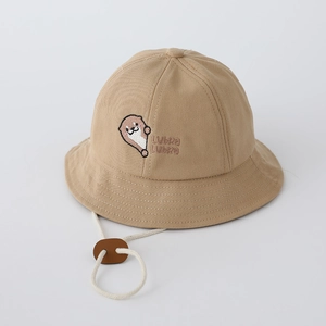 Detail of khaki baby sun hat with otter embroidery and adjustable windproof strap