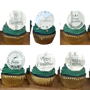 Set of 6 reflective mirror acrylic Christmas cupcake toppers with Merry Christmas engravings