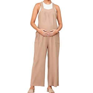 Brown maternity wide-leg overalls in textured wool-like fabric for winter warmth